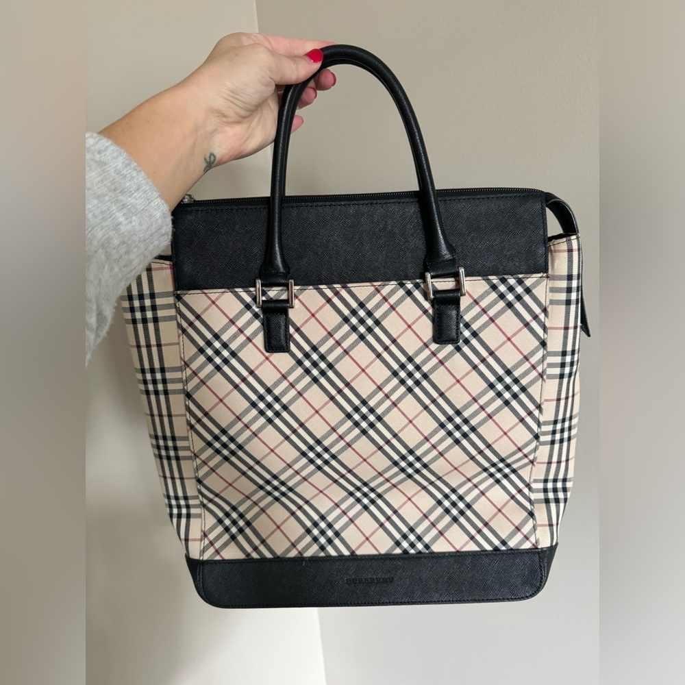 Burberry Black Leather Nova Check Tote Bag